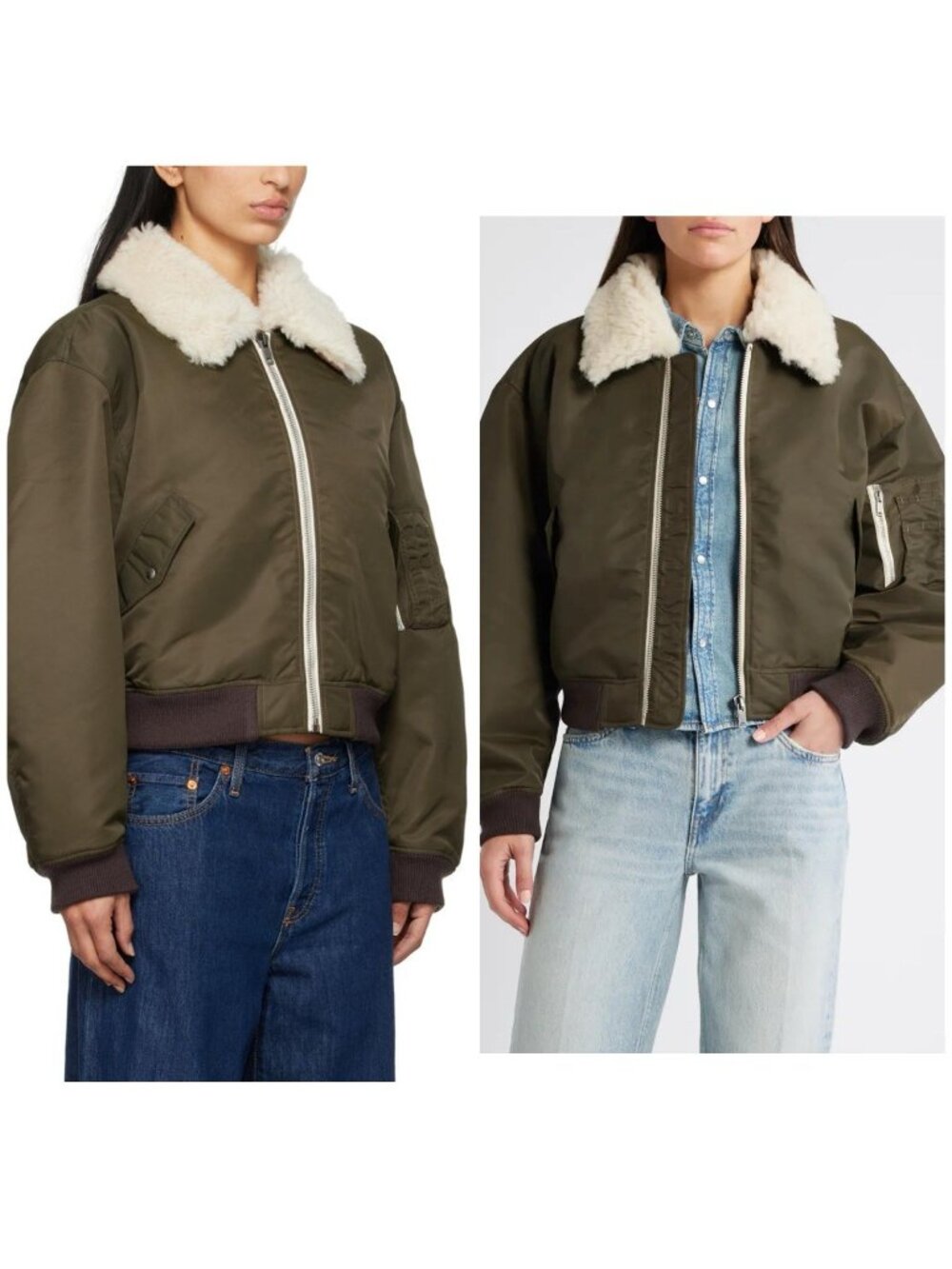 Re/Done Shrunken Bomber Green Genuine Shearling Collar Water Resistant M